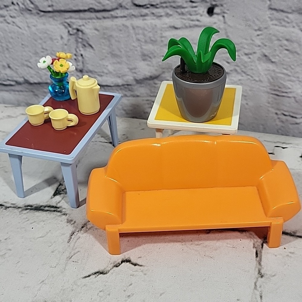 Playmobil Dollhouse Lot Tables Orange Sofa Tea Coffee Cups Flowers House Plant